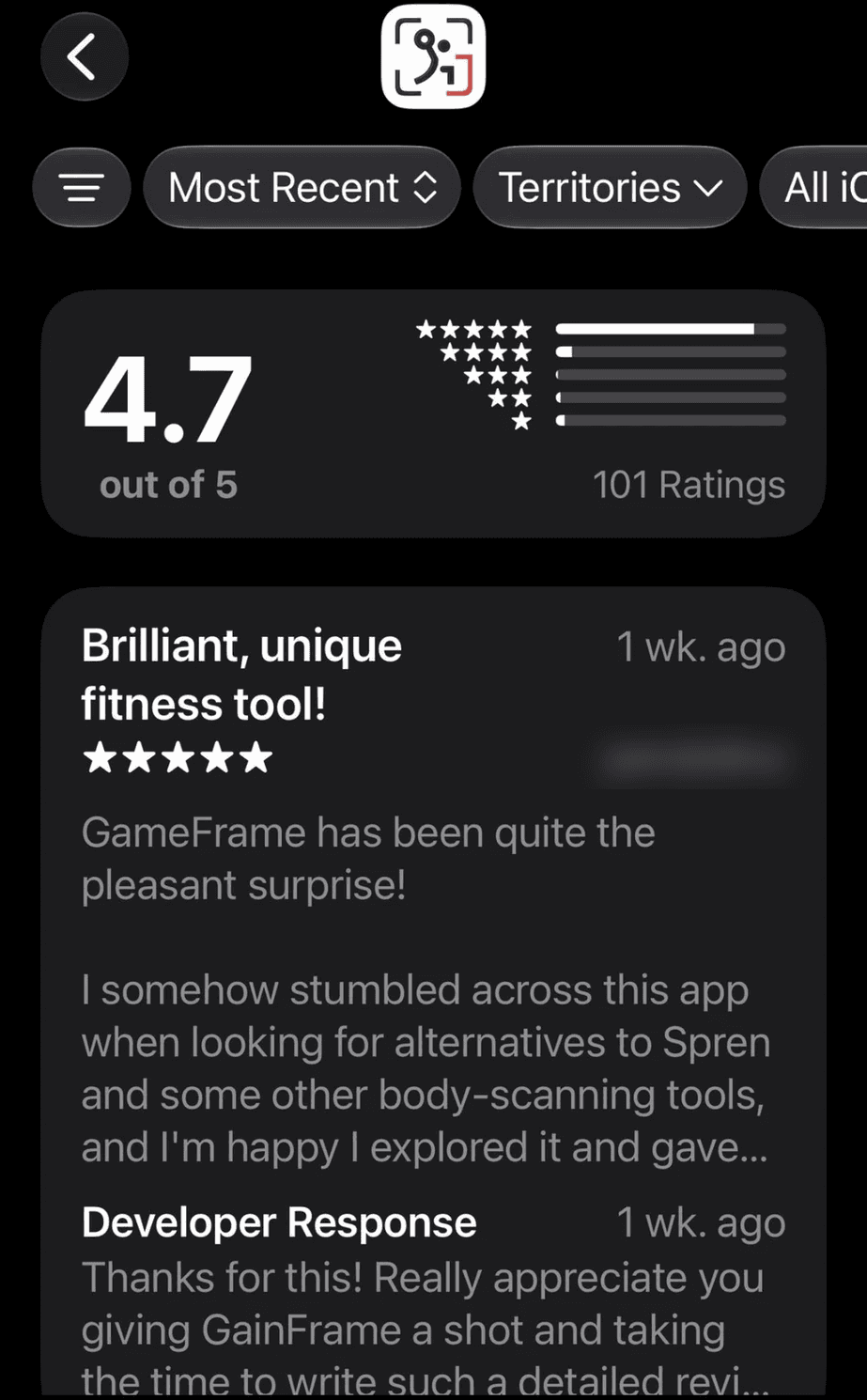App Store ratings screen for the GainFrame app showing 4.7 out of 5 from 101 ratings, mostly 5-star, with a recent 5-star review titled Brilliant, unique fitness tool and a developer response thanking the reviewer