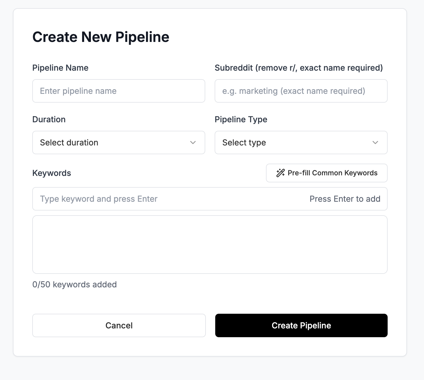 Create New Pipeline Interface